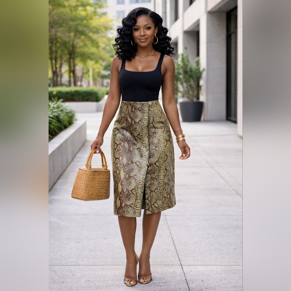 Snakeskin Animal Print Green Leather Pencil Skirt S